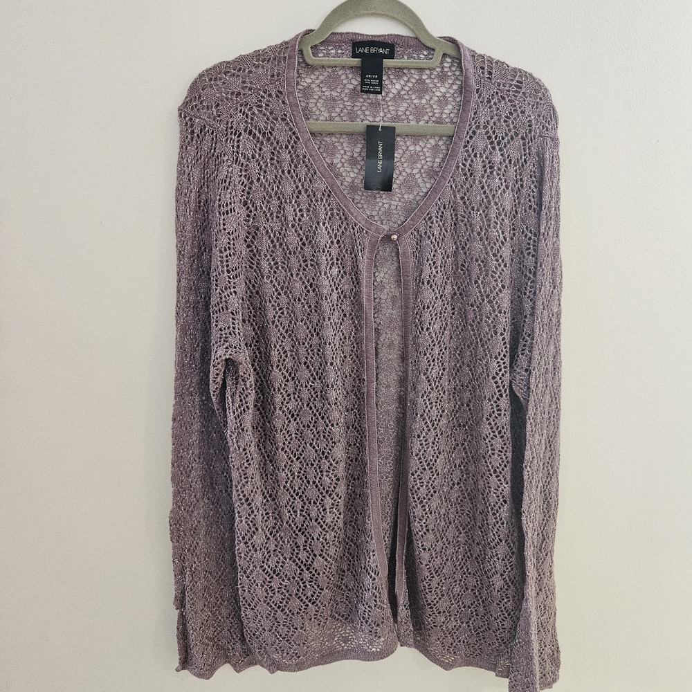 LANE BRYANT 26/28 Sparle Mauve Pink Crochet Cardigan Long Flare Sleeve Shimmer